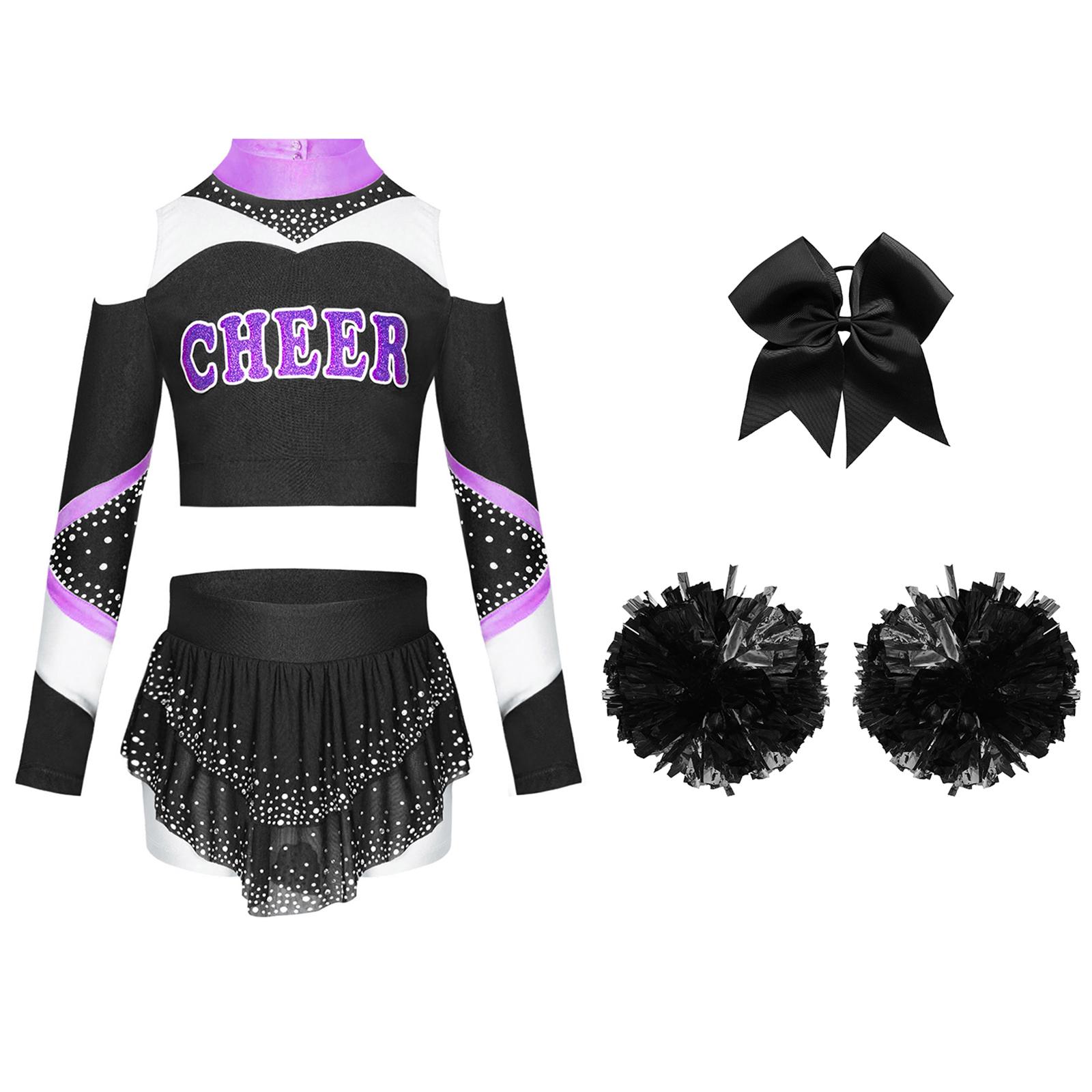 

Набор для чирлидинга для девочек Топ с длинным рукавом и открытыми плечами, с вырезом-капелькой на спине, с цветными блоками и принтом букв, укороченный, Юбка со стразами, Повязка на голову с бантом, Помпоны 5-6 Years чёрный