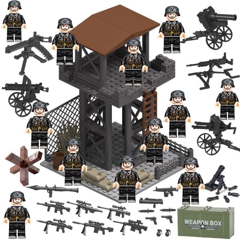 WWII Military Building Block Figures: US, German, and British Armies with Heavy Weapons and Sniper.