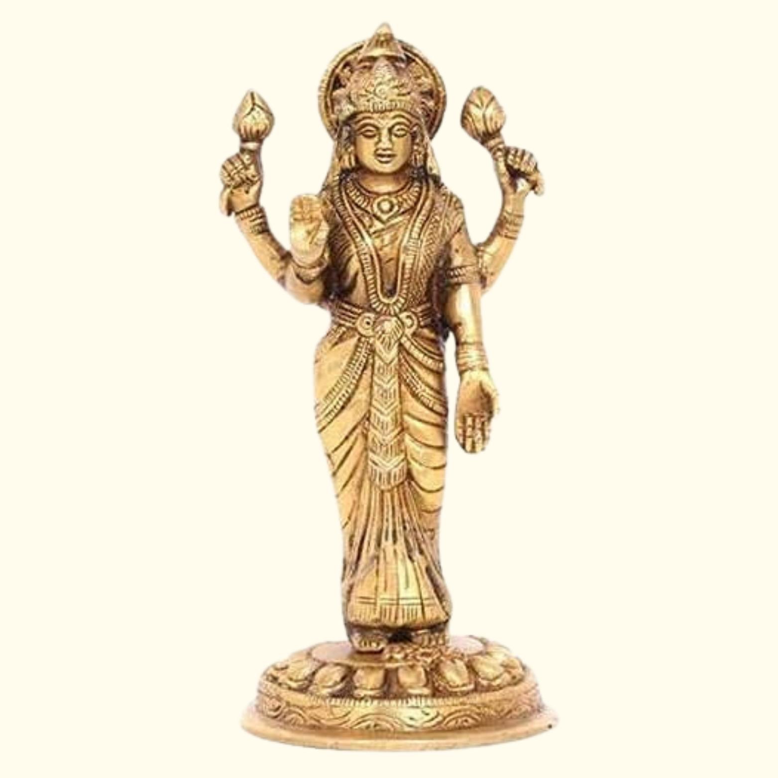 Идол Шри Маха Лакшми из 8 металлов (Аштадхату), стоящий, латунь - 8 дюймов