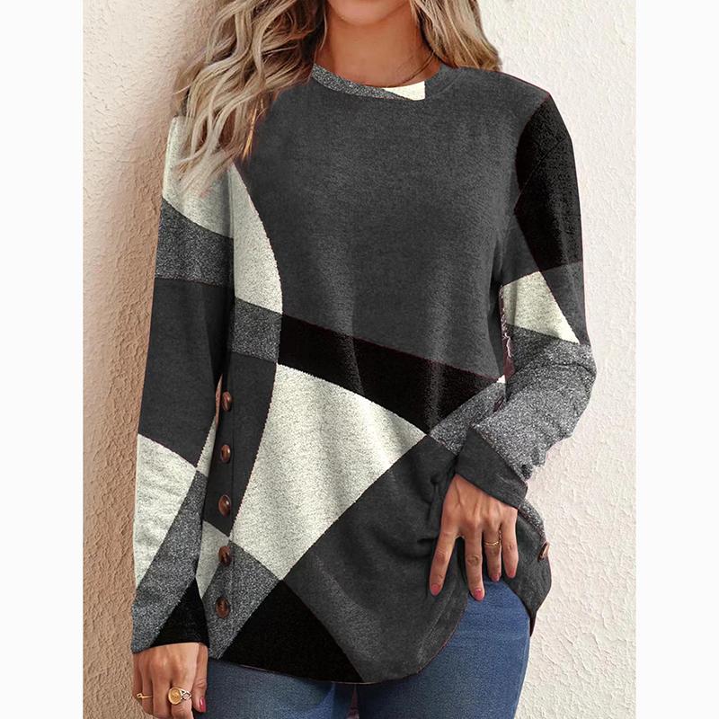 Moda Contraste Impresso Gola Redonda Camiseta Feminina Longa Seeve Solta Casual Camiseta Tops Escritório Senhora Plus Size Mulher Camisetas 24036