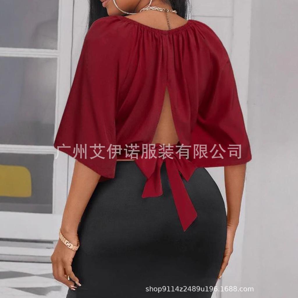 Spot Solid Color Irregular Mid-Sleeve Tie-Up Short Elegant Women's Top