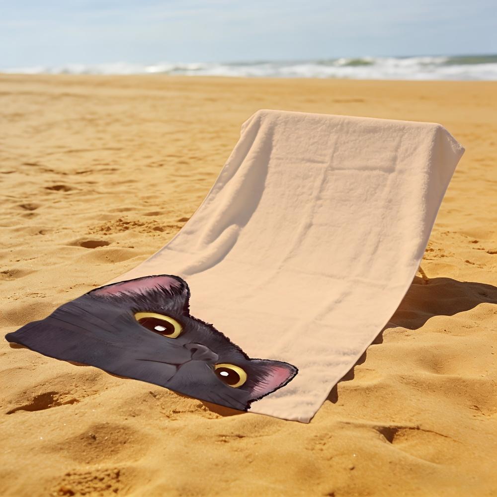 2D Flat, 1pc,Cute Illustration of a Black Cat Looking Up Beach Towel, Soft and Skin-Friendly, Non-Shedding,Easy To Clean,Durable