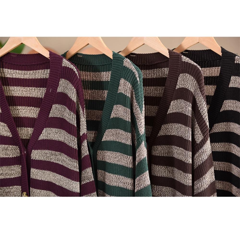 DIMANAF 2025 Winter New Striped Cardigan Jacket Women Sweaters Coat Wadded  Knitting Pockets Sweater