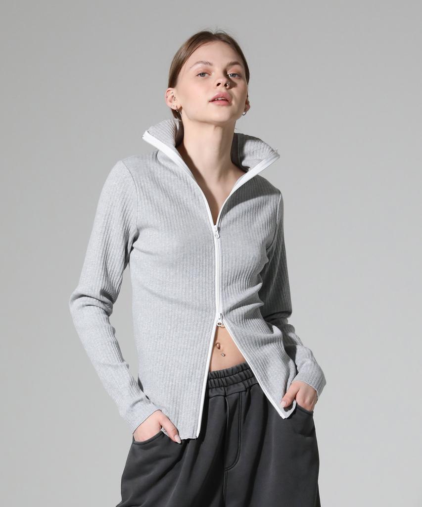 REEMNIK High-Neck Two-Way Zip-Up Ribbed Knit Top [White]