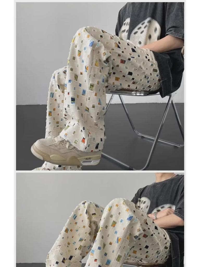 Men's Summer Plaid Casual Pants with Hollow Design - Loose, Straight, High-Street Style