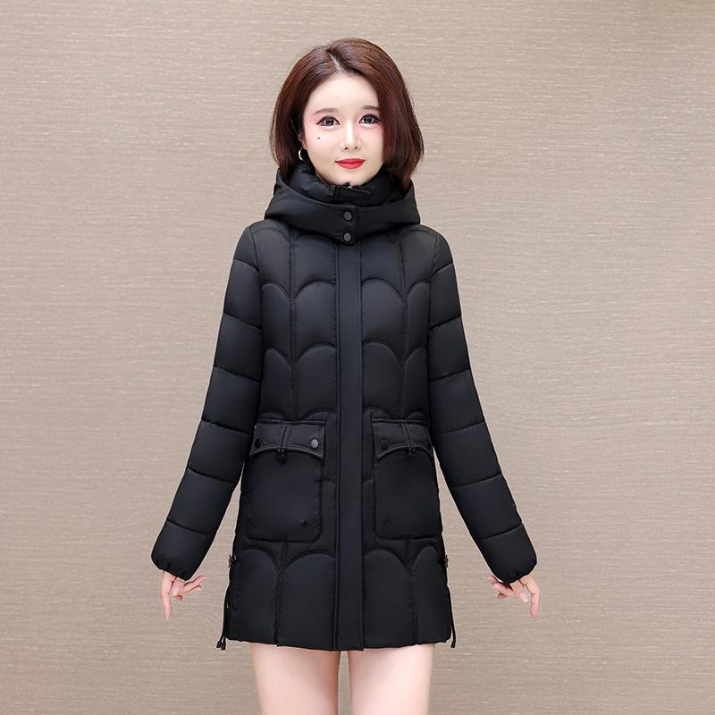 Down cotton-padded jacket Long hooded loose cotton-padded jacket with fleece and thickened cotton-padded jacket