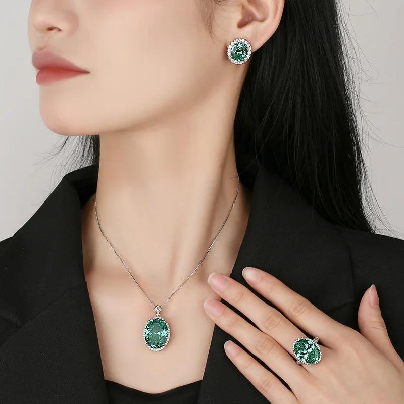 Stunning Oval Cut Green Crystal Women Jewelry Necklace Ring Earrings Design Ideal for Elegant Glamorous Looks Party Accessories