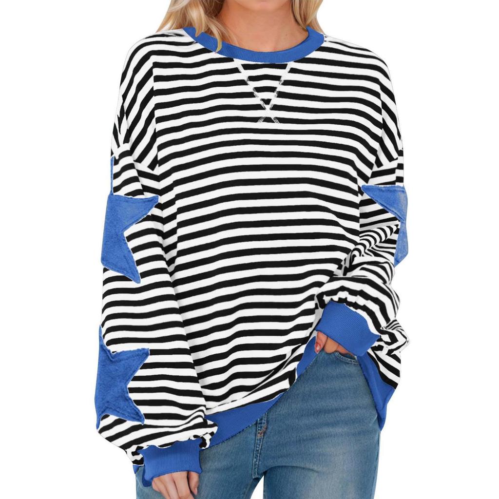 Women's Fashion Striped Star Print Round Neck Long Sleeved Pullover Color Blocked Pullover Sweatshirt Top