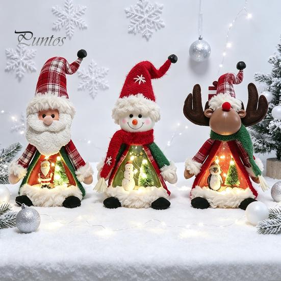 Plush Santa Claus Figurines Lighted Christmas Doll Decoration, Cute Claus/Snowman/Reindeer Figurine with Table Decorations Warm LED Light for Tabletop