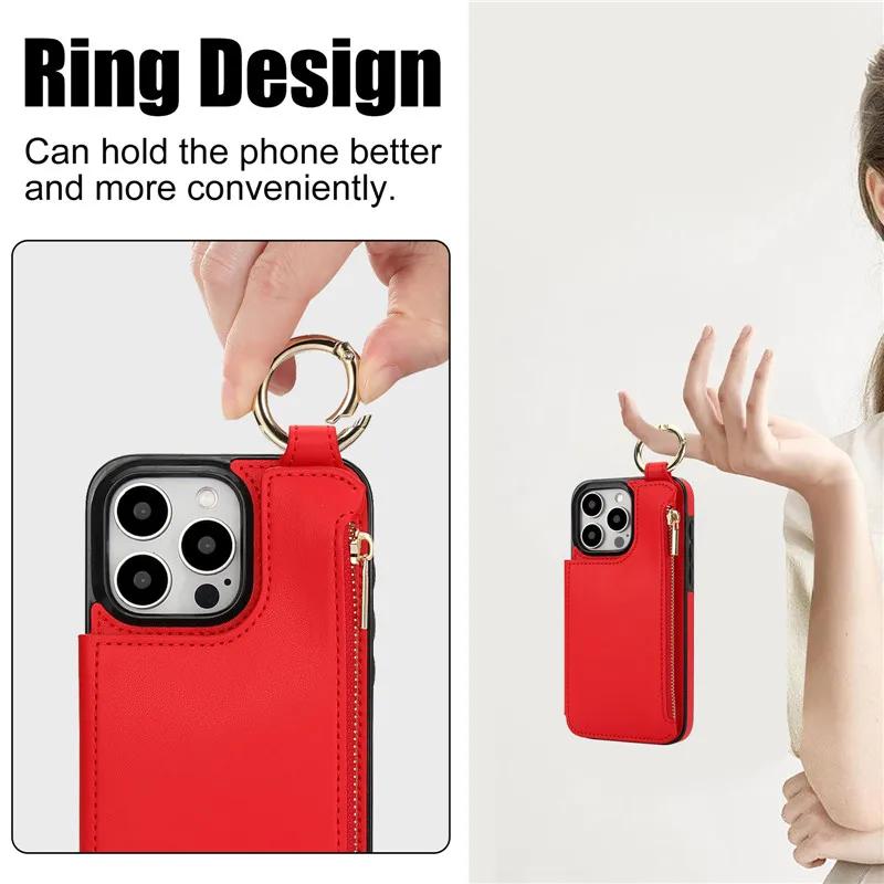 Ring Zip Wallet Card Leather Phone Case For iPhone 16 Pro Max 15 14 Plus 13 12 Mini 11 XS XR X SE 8 7 Flip Stand Cover Etui