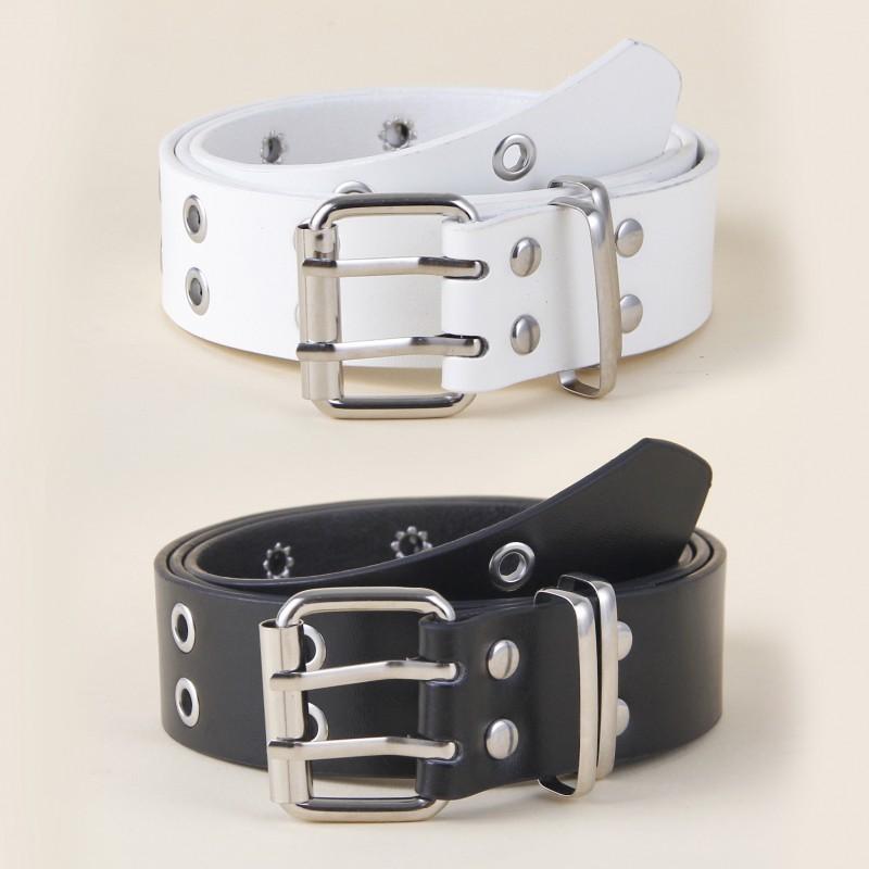 Punk Style Women Men Black Faux Leather Belt With Metal Chain Decor Double Row Buckle Casual Jeans Accessory