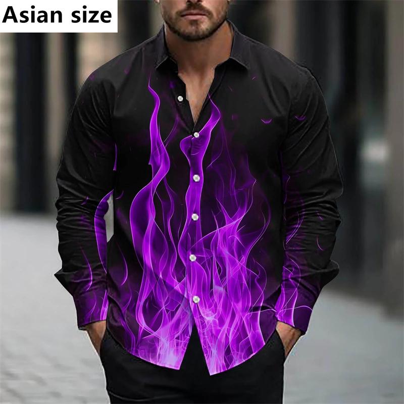 Fashion Men Shirts Spring And Autumn Casual 3D Flame Print Long Sleeve Shirts Turn-Down Collar Buttoned Tops Pop Mens Clothes