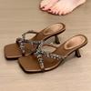 Fashion 2025 New Street Style CRYSTAL Narrow Band Slippers Woman Open Toe Thin High Heels Sandals Stripper Party Slides Shoes