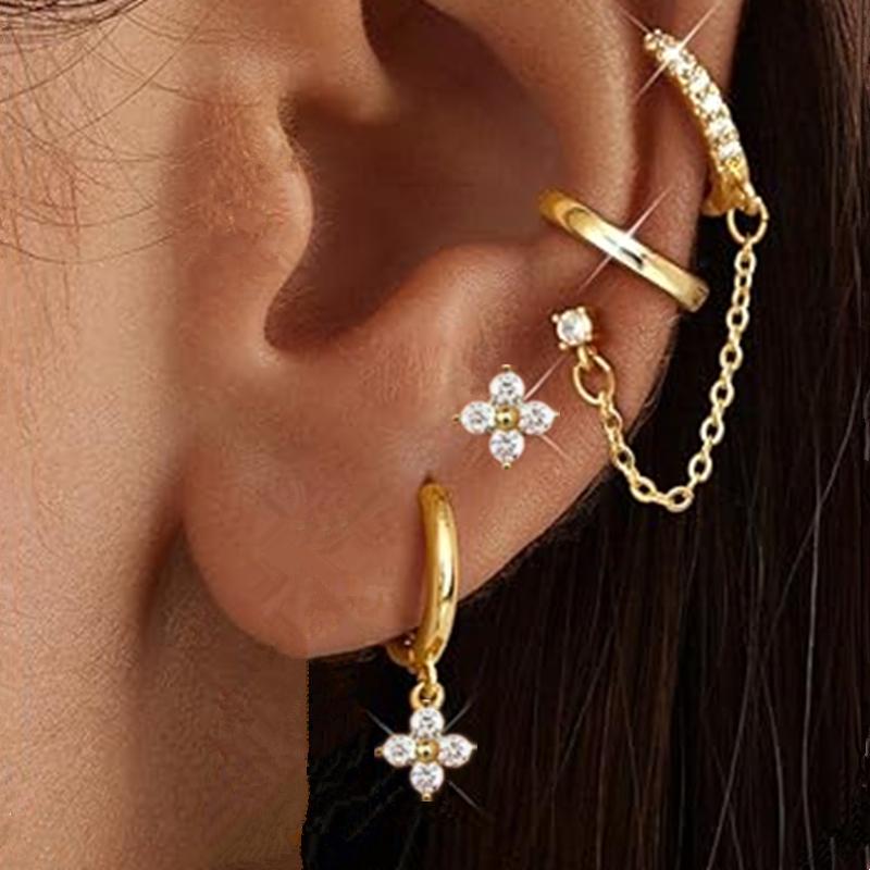 4PCS Double Piercing Chain Huggie Hoop Earring Lot For Women Tragus Stud Earrings Flower Cartilage Helix Jewelry Lobe Earing Set