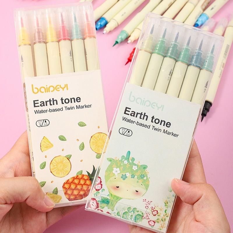 6pcs/set Classic Style Colors Double Tip Marker Pens Line Drawing Watercolor Pen for Calligraphy Student Art Painting School Stationary
