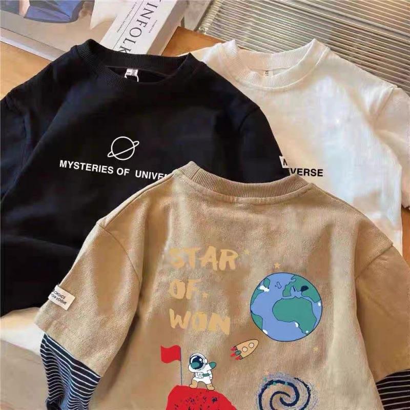 Boys Cotton Long Sleeve T Shirt Fake Two Piece Round Neck Thin Base Layer Top For Spring Autumn Baby Toddler Outerwear