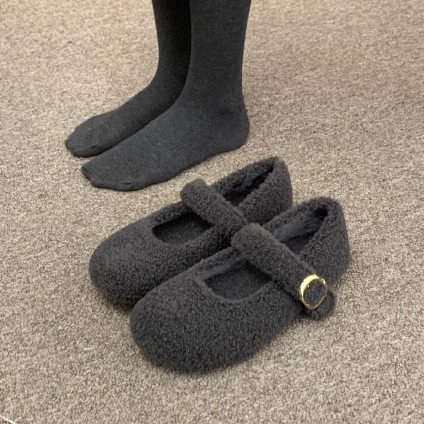 Xiaoxiangfeng velvet flat-soled fluffy shoes for women's 2025 new autumn and winter ballet round head versatile soft-soled Mary Jane cotton shoes