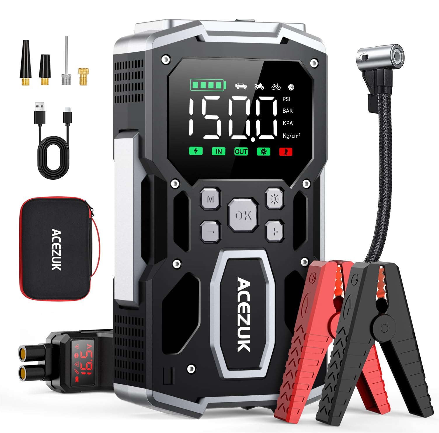 

ACEZUK Jump Starter with Air Car Jump Electric Air Pump with All Gasoline and 8L Diesel 12V Car Engine Starter 4-in-1 Built-in Compressor, 26800mAh,