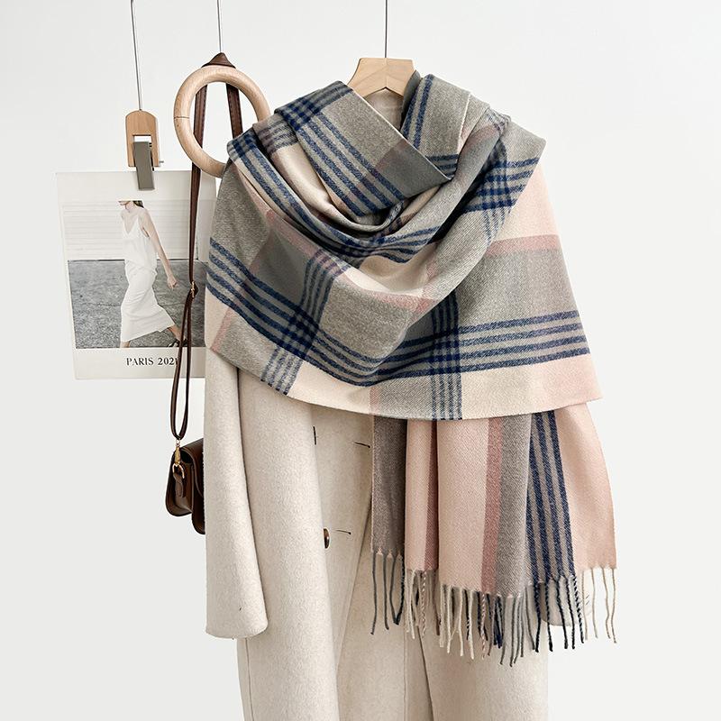 High-end niche striped plaid warm scarf autumn and winter couple fashion trend imitation cashmere fringed shawl