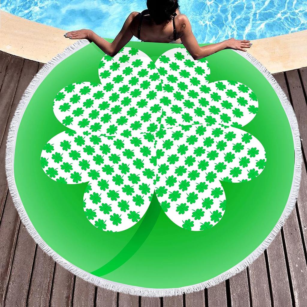 Lucky Clover Round Beach Towels,Soft Lightweight Sand Free Happy St. Patrick's Day Beach Blanket,Spring Botanical Leaves Towel