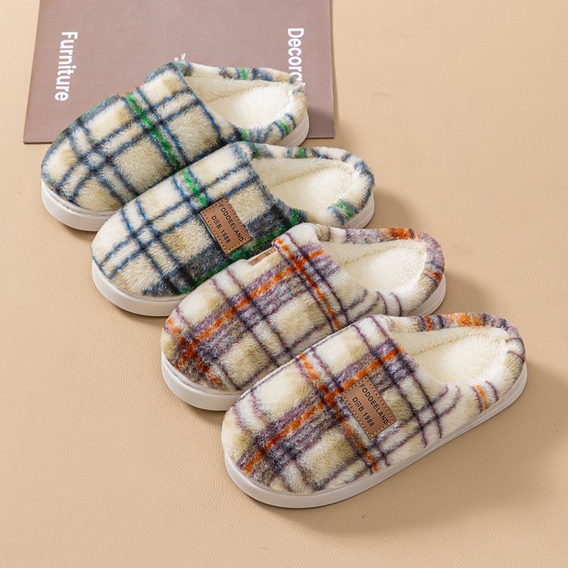 Plaid Retro Cotton Slippers Women's Season Indoor Home Warmth Plush Shoes Non-slip Bag Head Couple Cotton Mop