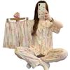 Pastoral Floral Summer Pajamas Women'S Lace Doll Collar Cloud Cotton Loungewear Short-Sleeved Three-Piece Set