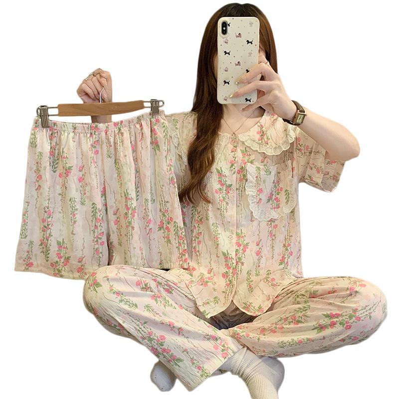 Pastoral Floral Summer Pajamas Women'S Lace Doll Collar Cloud Cotton Loungewear Short-Sleeved Three-Piece Set
