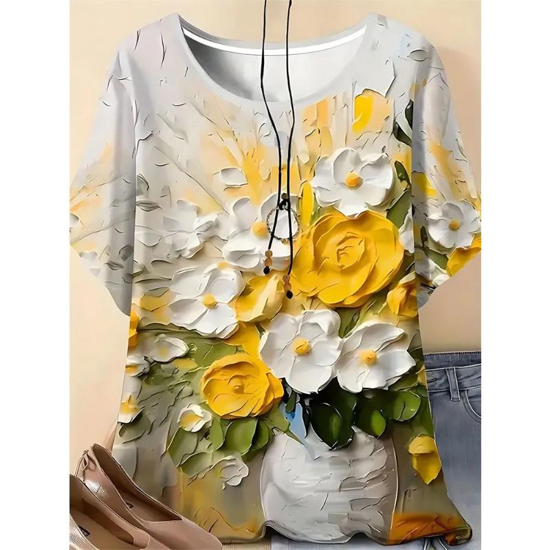 Fashion Women's Clothing Flower Short Sleeve Comfortable Short Sleeve Simple Crew Neck T-Shirt Crew Neck Short Sleeve 2D Flower Color Printing