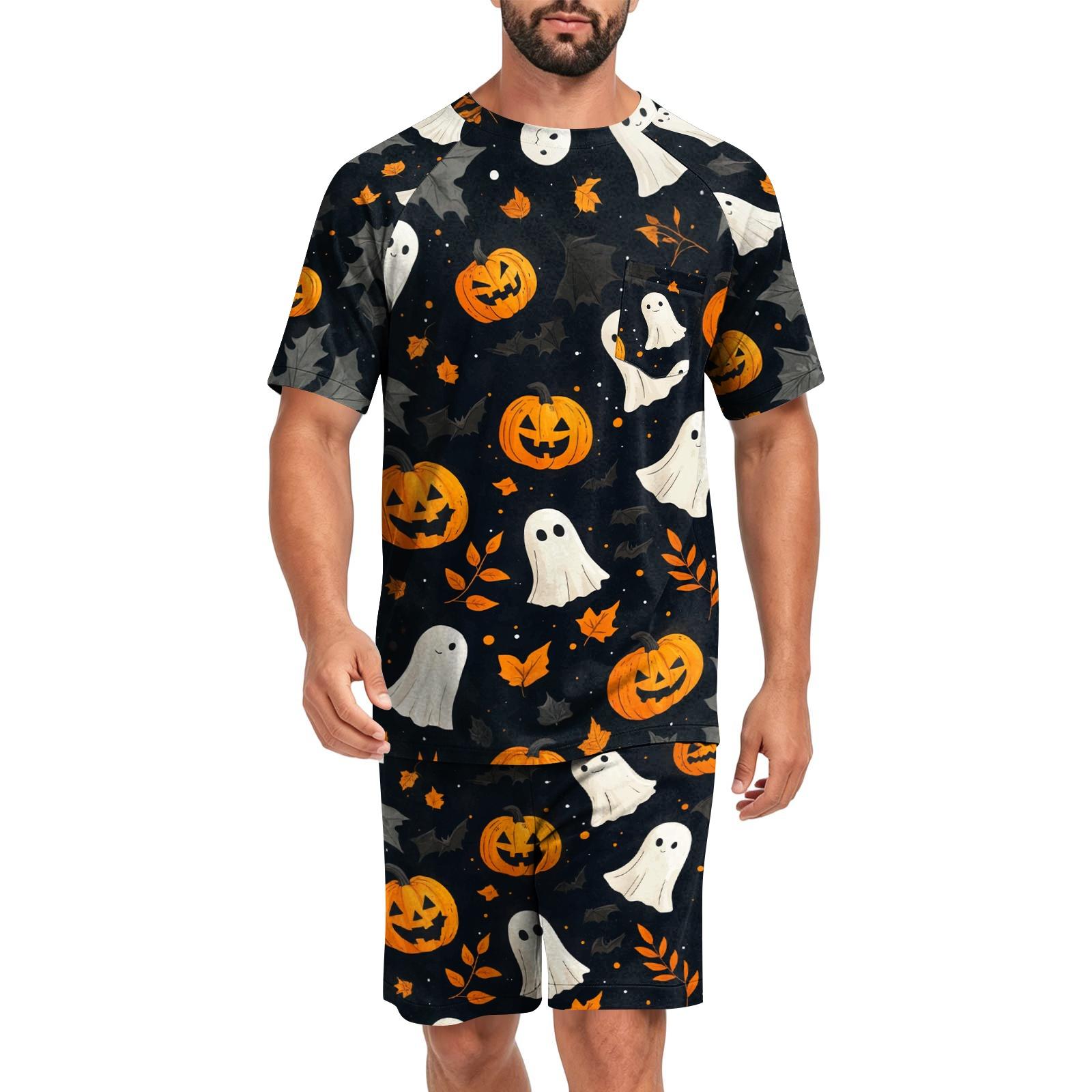 Men s Halloween Casual Loungewear Pajama Set Short Sleeve Top and Shorts Soft Breathable Fabric Comfortable Fit Relaxed Style XL кофейный