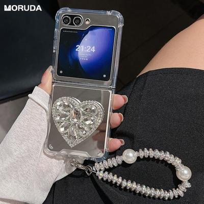 Custodia con porta-cuore di diamanti a specchio per Samsung Galaxy Z Flip 5 Custodia con cinturino da polso per Samsung Z Flip 4 z flip3 Copertura con cordino