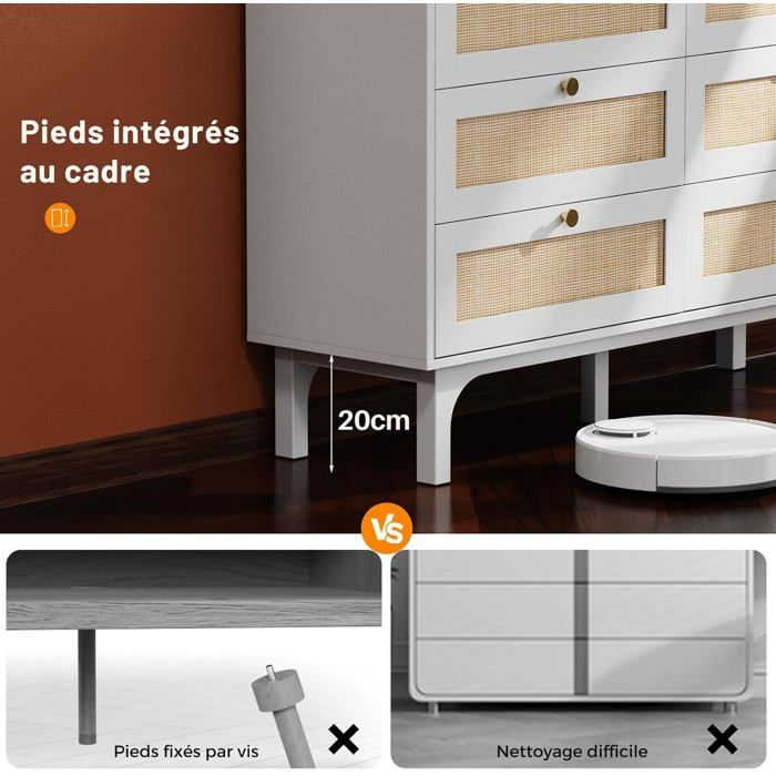 6-Drawer Rattan Chest of Drawers, Storage Furniture, Bedroom Chest of Drawers with Drawers, 120 X 40 X 85 Cm White