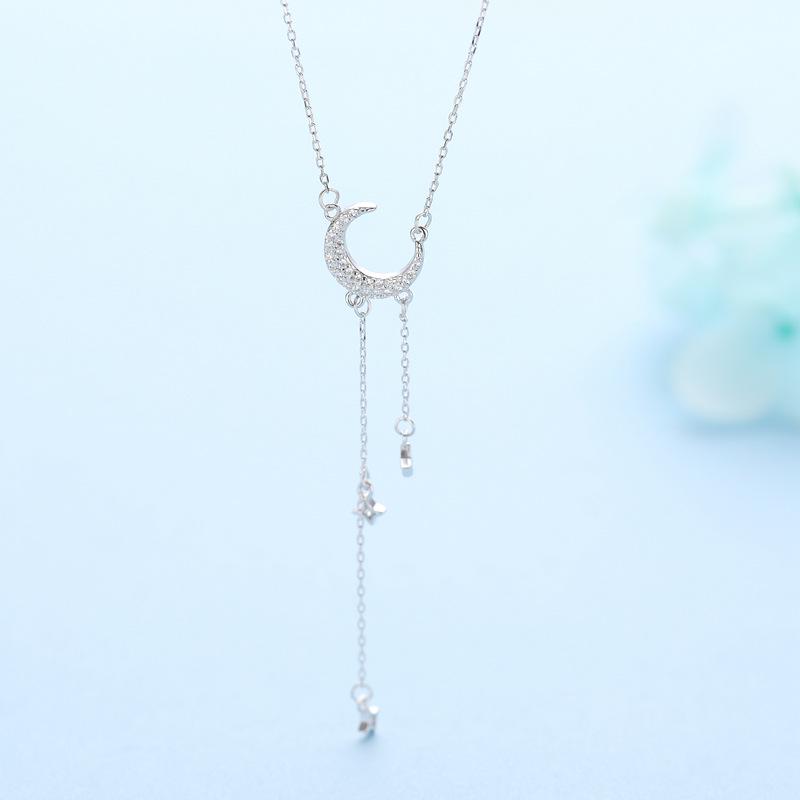 Su Chuang S925 Silver Moon & Star Tassel Necklace: Rhinestone-Inlaid Crescent Collarbone Chain for Women, Light Luxury Design