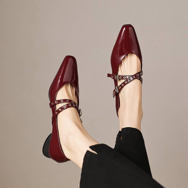 Krazing Pot Genuine Leather Square Toe Low Heels Summer Shoes Big Size 42 Buckle Straps Women Shallow Pumps
