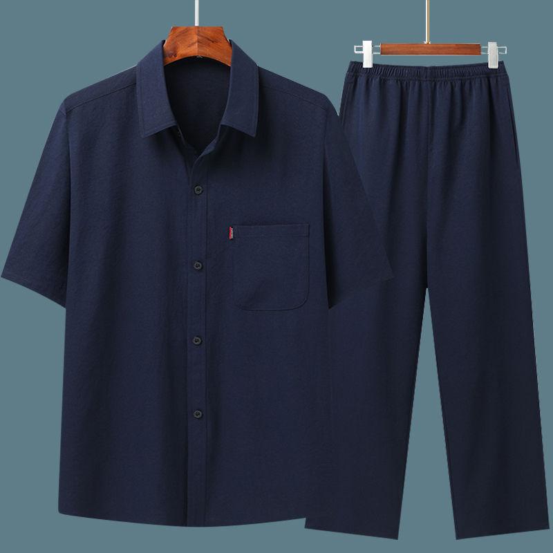 

Летняя рубашка с короткими рукавами, мужской тонкий костюм, рубашка для людей среднего и пожилого возраста, свободный костюм для дедушки XXXXL темно-синий