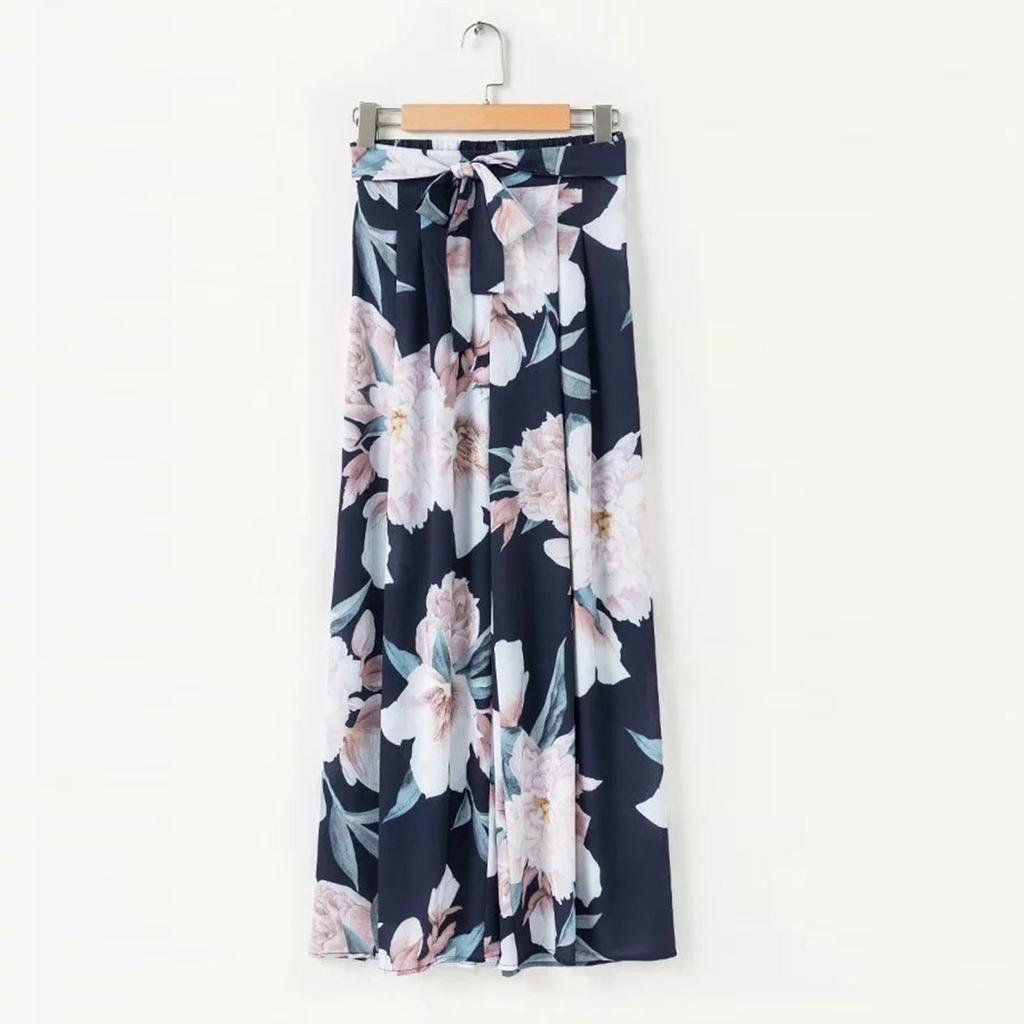 Damen-Palazzo-Hose mit Blumen- und geometrischem Druck, elastisch, hohe Taille, Schärpen, lange Hose mit weitem Bein, lockere Culottes, Maxi-Hose