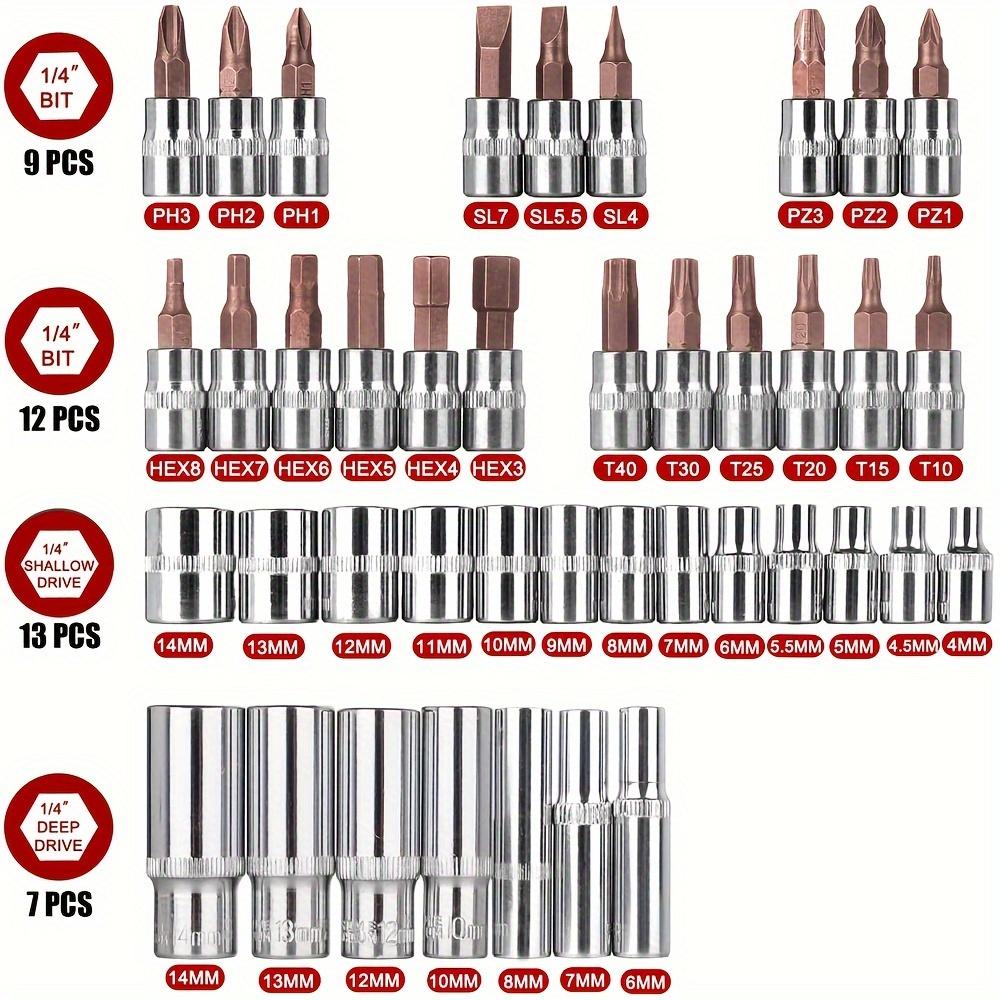 53pcs, 1/4 Inch Drive Socket Ratchet Wrench Set, Bit Socket, Metric And Extension Bar Set For Automotive Repair