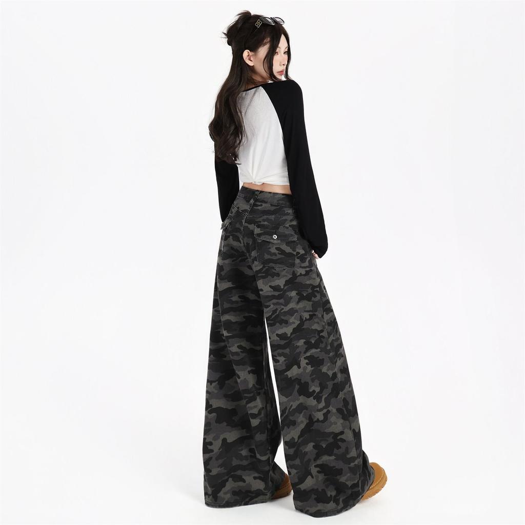 Jeans da Lavoro Camouflage High Street Autunnali Jeans in Denim Pantaloni Casual Larghi a Vita Alta da Donna Pantaloni Lunghi Jeans per Donna Pantaloni Lunghi in Denim