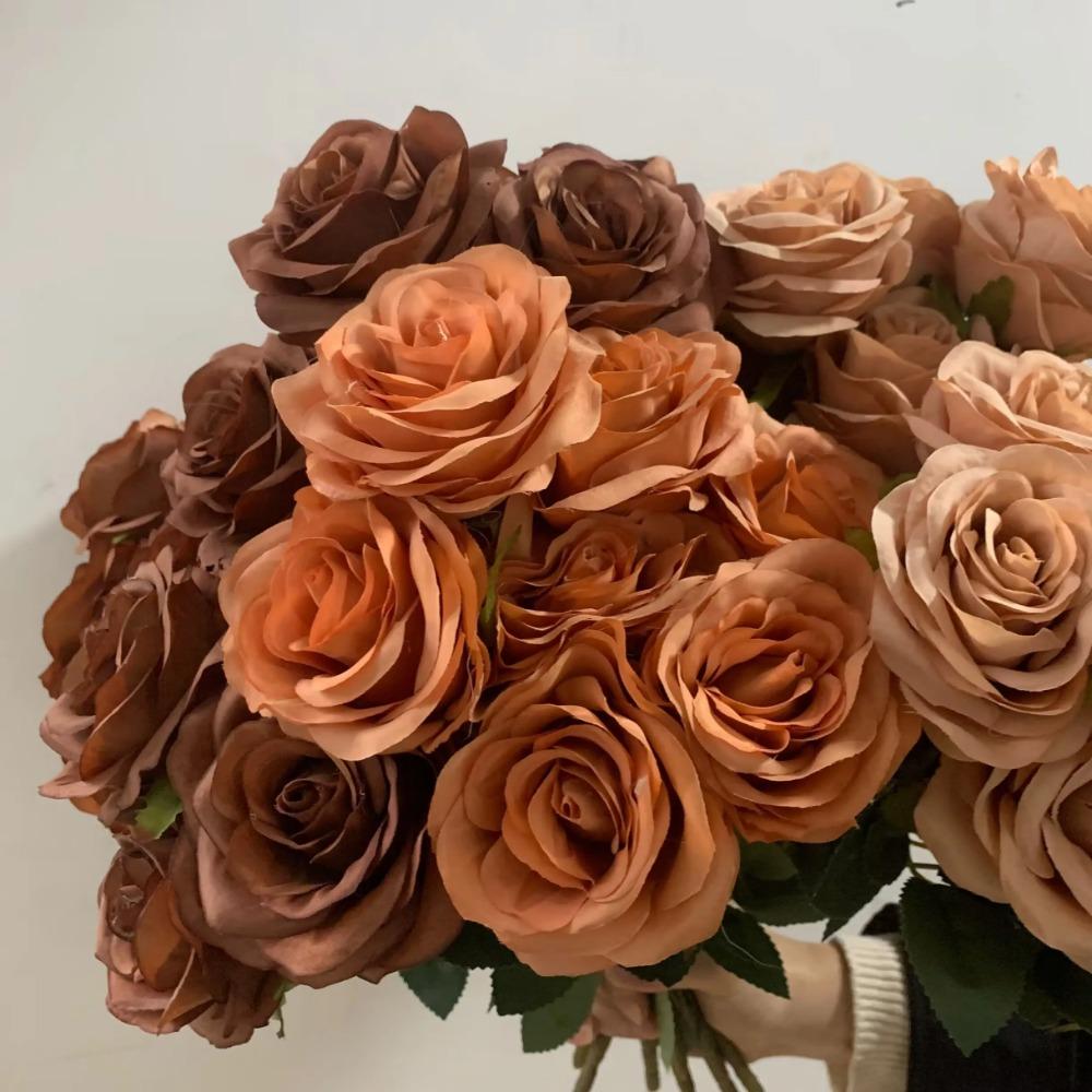 9Heads Roses Bouquet Artificial Flower Brown Coffee Rose Fake Rose Home Decoration Wedding