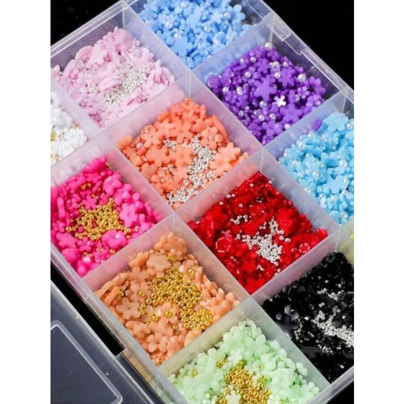 12 Grids/box Colorful Mini Flower Nail Charms 3D Acrylic Floral Nail Art With Pearls Golden Silvery Nail Beads Nail Decoration For Manicures