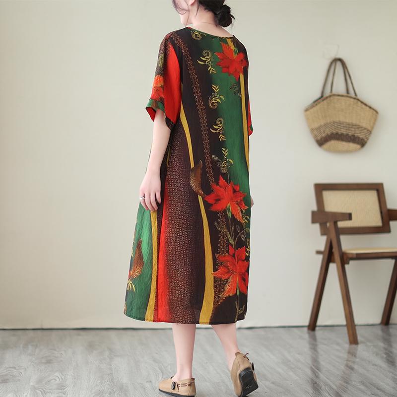 Dimanaf 2024 Plus Size Women Summer Beach Vintage O-Neck Dress Elegant Lady Print Long Dress Style Loose Dress