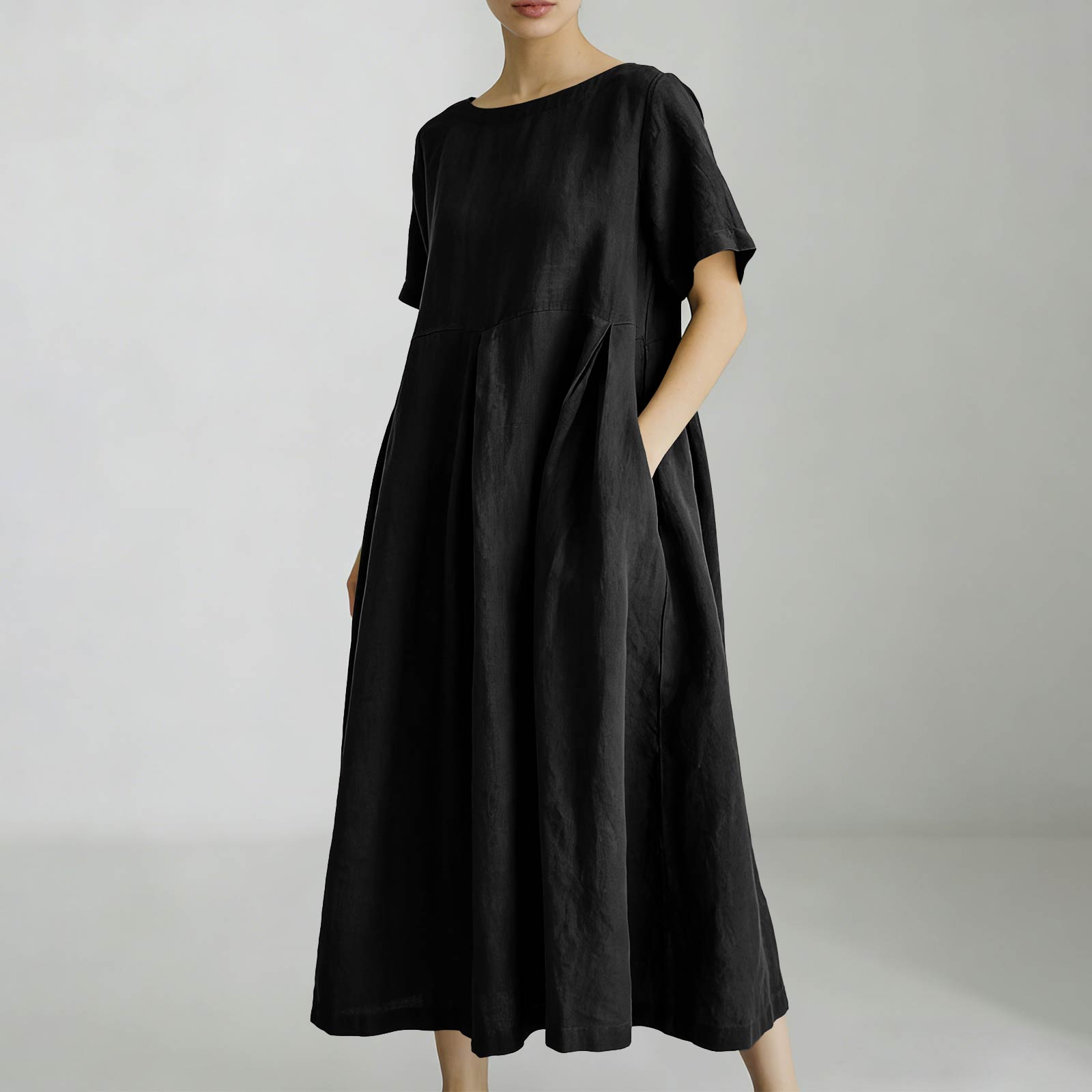Women s Fashionable Casual Loose Fit Short-Sleeve Mid Length Dress With Pockets L чёрный