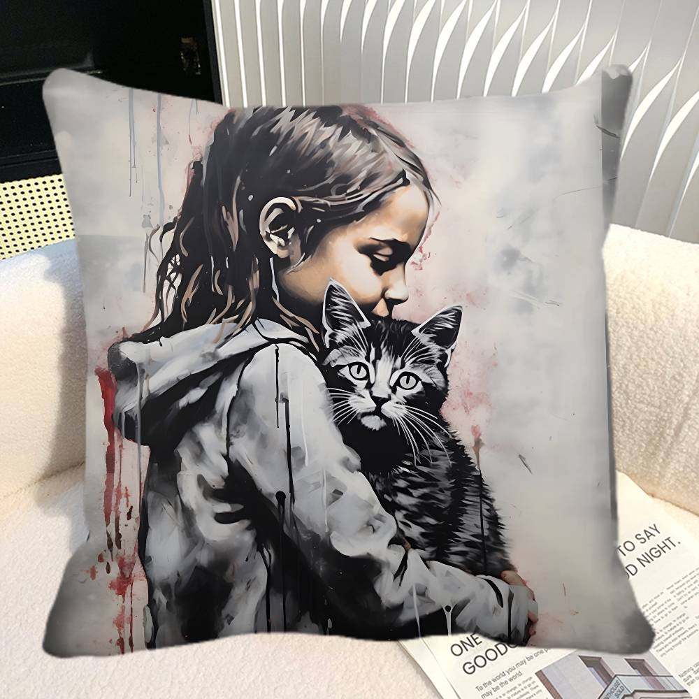 Street Graffiti Banksy Boy Girl With Balloon Pillow Case Square Pillow Bedroom Sofa Leisure Comfort Cushion Car Home Decoration