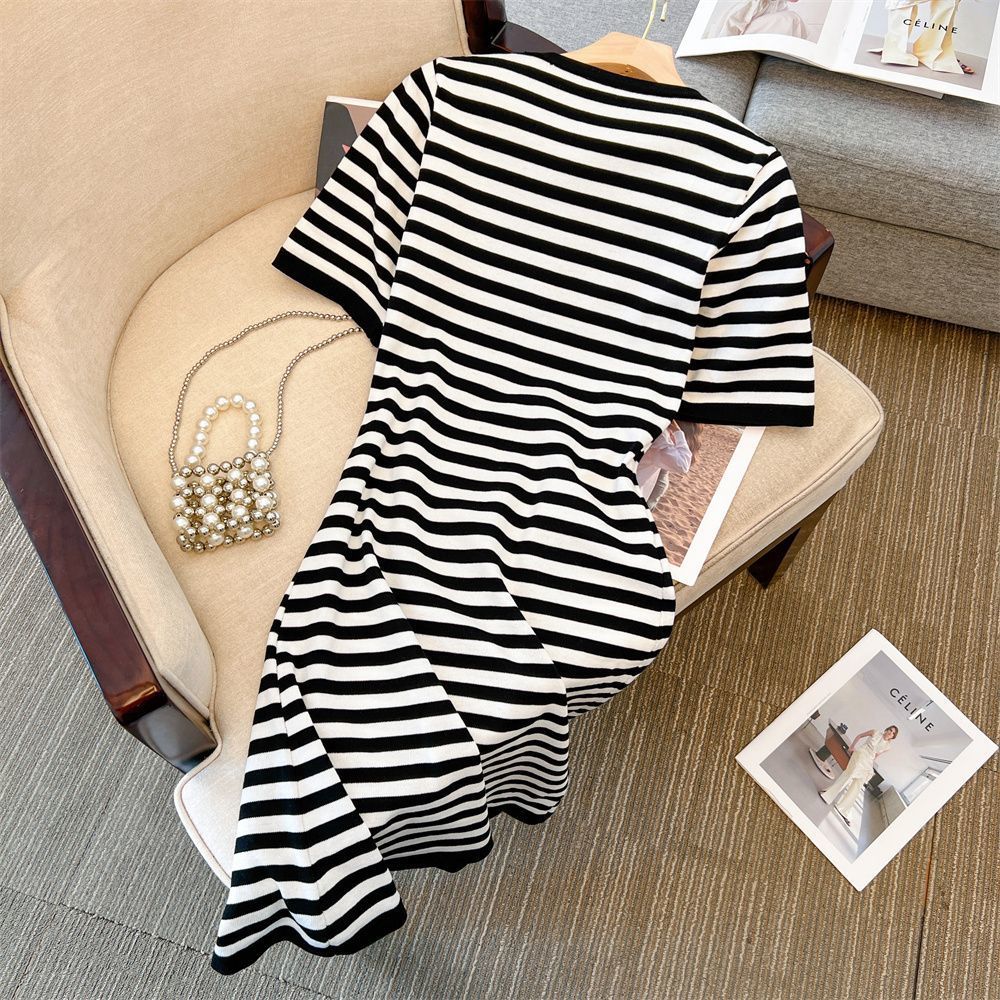 Short Sleeved Striped A-Line Fashionable Summer Casual T-Shirt Dress Sense Design Women