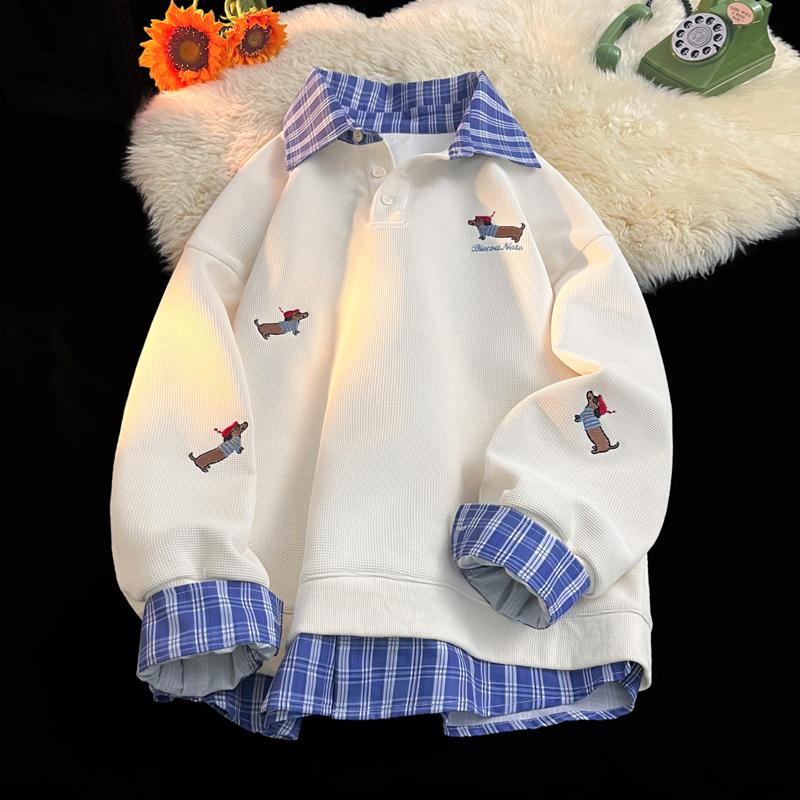Plaid Patchwork Fake Two Sweatshirt College Style Puppy Embroidery POLO Collar Sweatshirt Men Women Loose Pullover Tops S бежевый