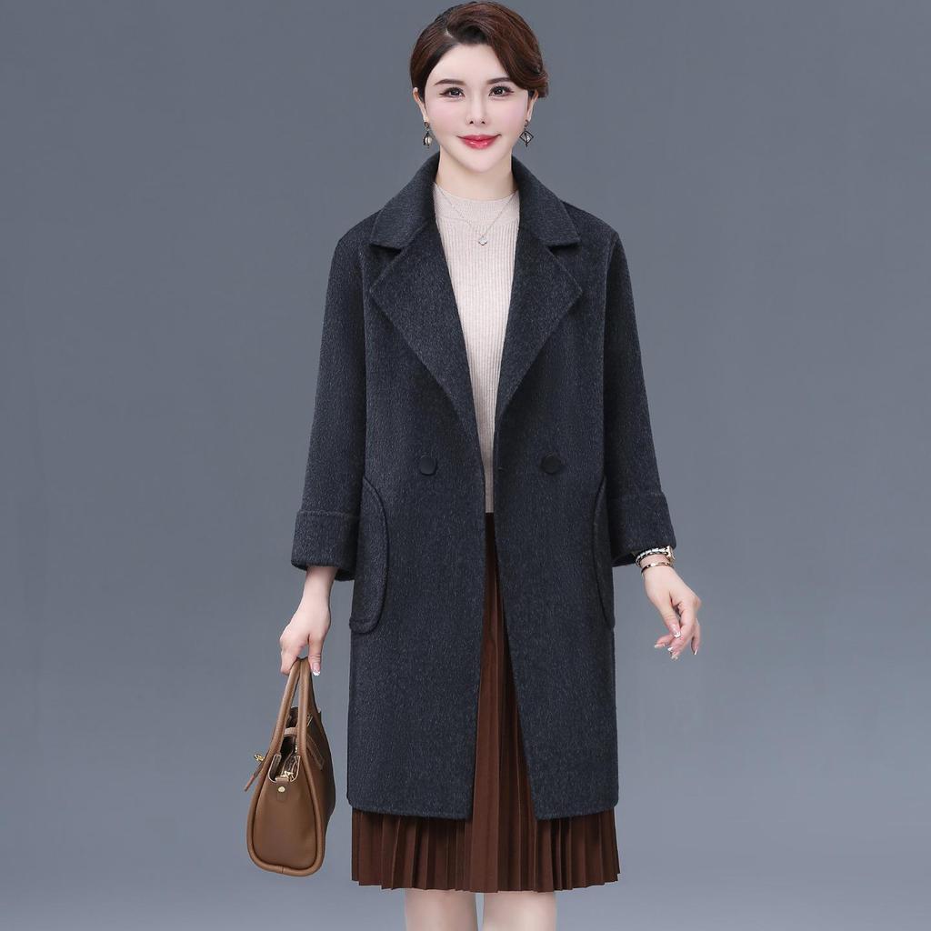 Mom's Stylish Mid-Length Double-Faced Cashmere Wool Coat for Autumn & Winter - High-End, Loose Fit for Middle-Aged Women