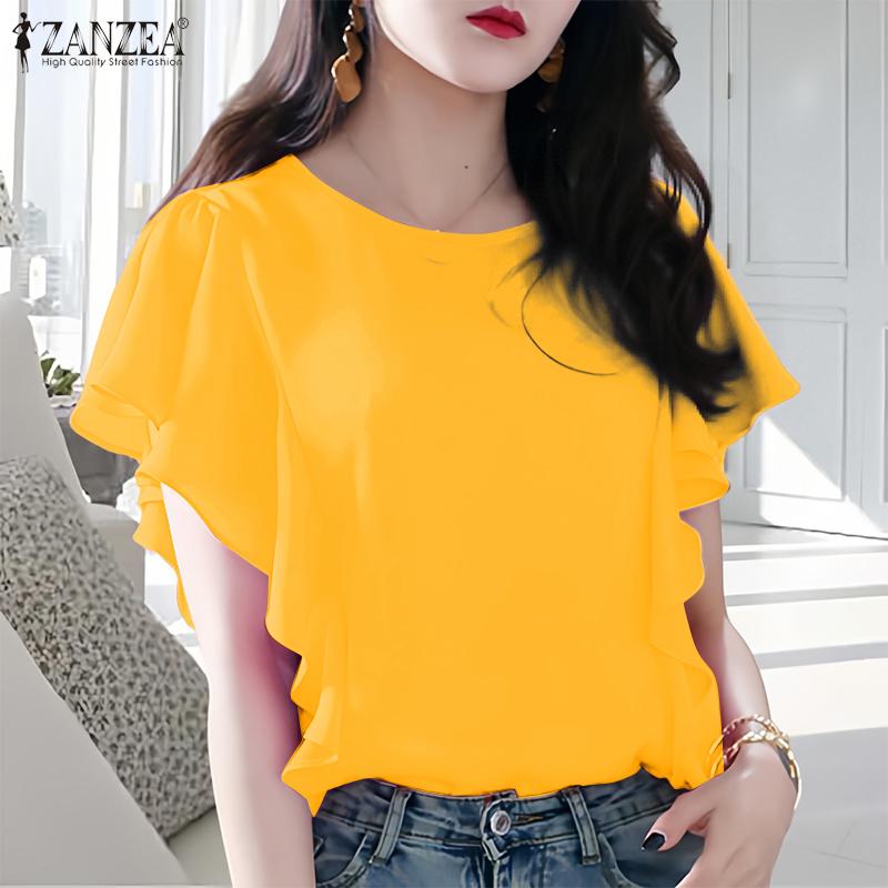 ZANZEA Women Casual Round Neck Loose Ruffles Short Sleeve Plain Blouse