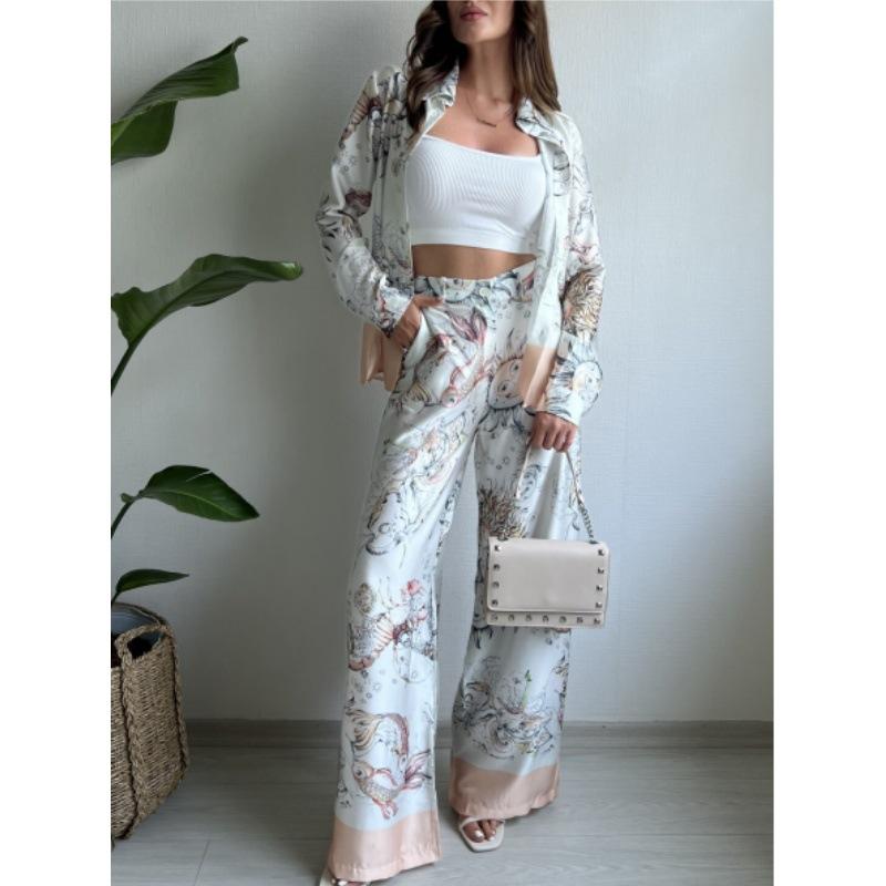 European and American cross-border women's suit 2024 new spring and summer fashion positioning printed long-sleeved top wide-leg pants two-piece set