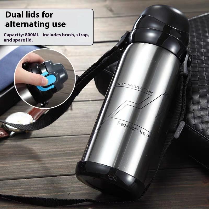 

Outdoor Large-capacity Double-cap Insulated Water Bottle Portable Vacuum Travel Steel Water Bottle Car Household Sports Cup 27oz