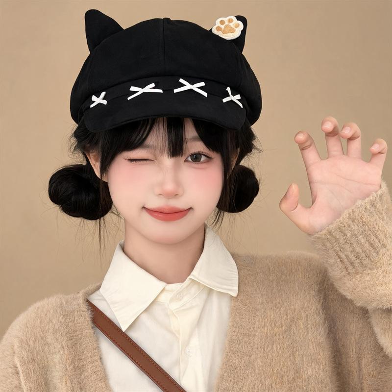 Cute cat ears star anise beret children autumn big head circumference showing face small painter hat duck tongue newsboy hat