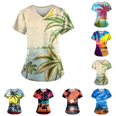 Hawaiian Top For Women Fashion Printed Short Sleeve V Neck Pattern Tops Pocket Working T-shirts